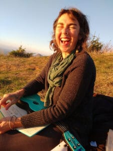 A woman laughing out loud