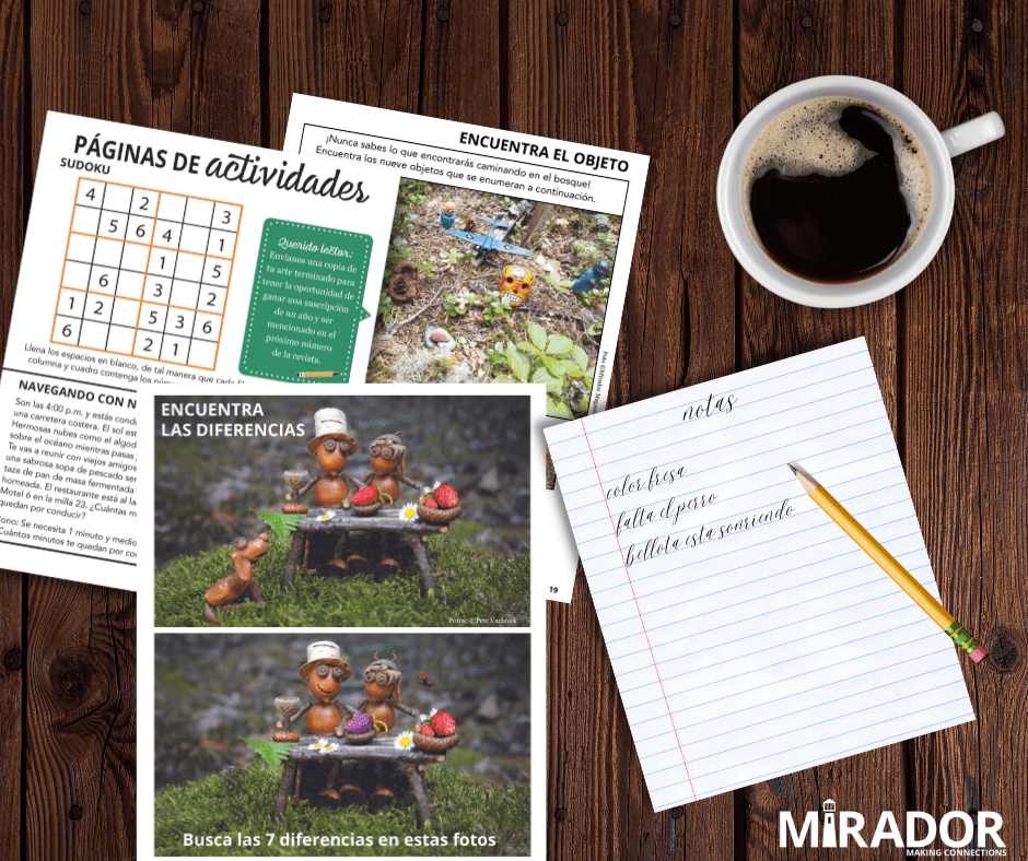 A table with three pages of puzzles on them written in Spanish. A cup of coffee and a notepad with writing is next to them. 