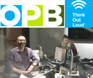 An image of Dave Miller and Nikki Jardin on the set of Oregon Public Broadcasting's Think Out Loud radio show